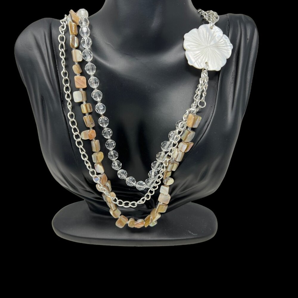 Vintage Necklace Three Strand Silver Tone Tan Brown Shell Crystal Beads